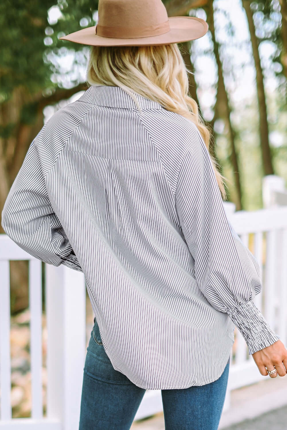 Smocked Cuffed Striped Boyfriend Shirt with Pocket Tops/Blouses & Shirts Luxurious Weddings