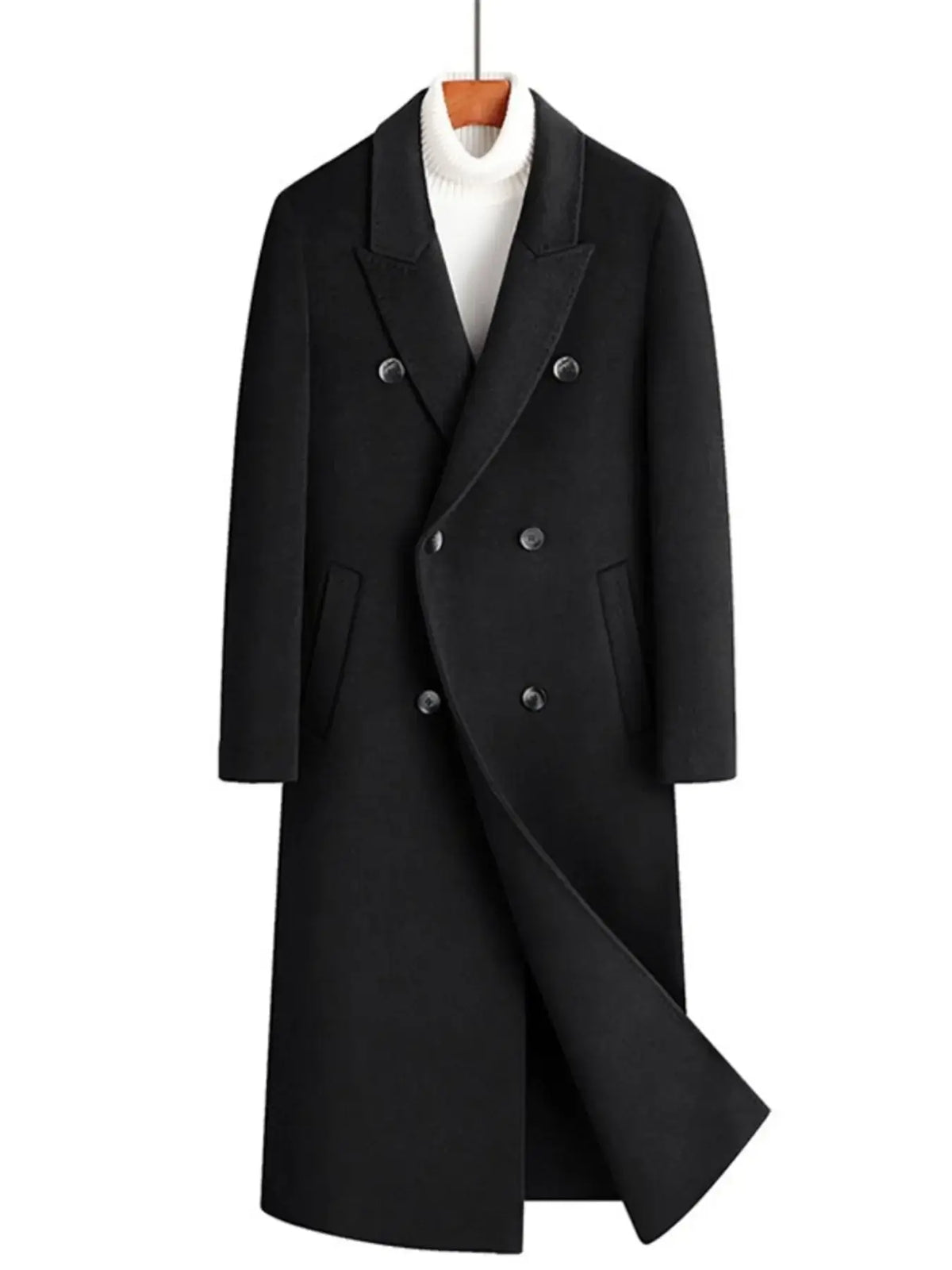 Men's plus size double-breasted long wool coat in black, featuring buttoned front and warm material, ideal for formal wear.