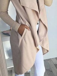 Plus size full length lapel collar coat in beige with pockets, perfect for layering over outfits.