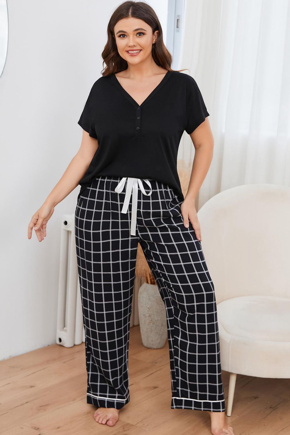 Plus Size V-Neck Top and Plaid Pants Lounge Set Plus size sleepwear Luxurious Weddings