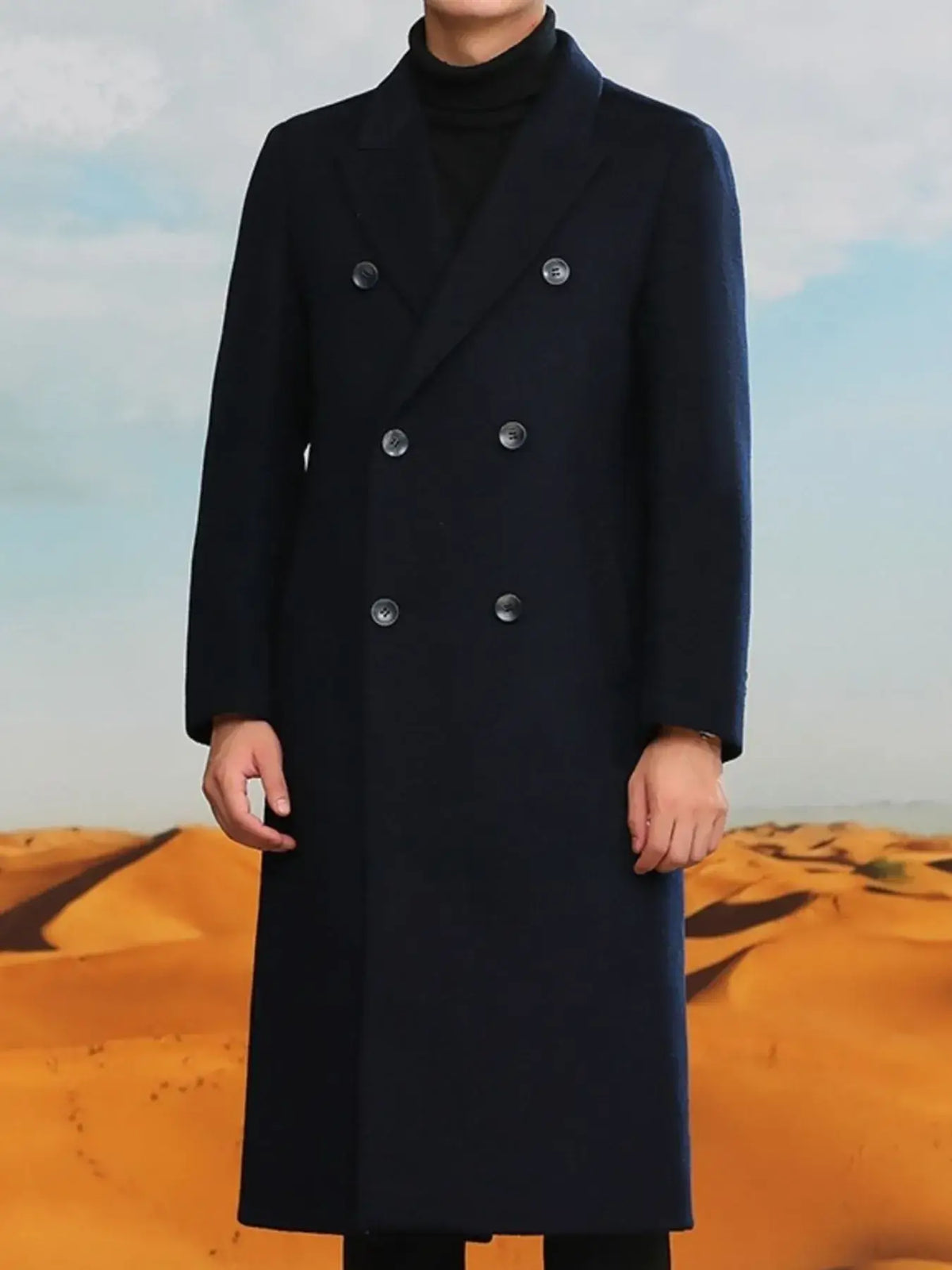 Men's plus size double-breasted long wool coat in dark navy, ideal for formal wear and accessories in NZ.