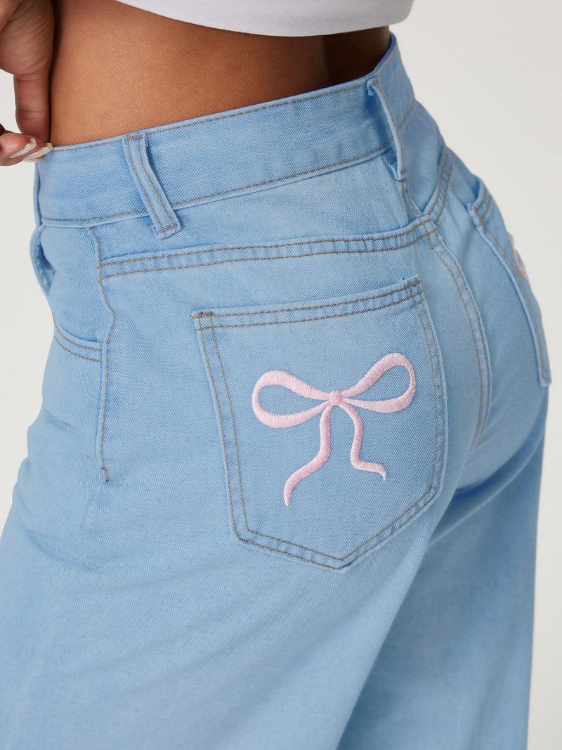 Embroidered Bow Back Wide Leg Jeans Jeans Luxurious Weddings