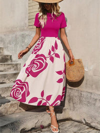 Rose Printed Round Neck Short Sleeve Dress Casual Dress Luxurious Weddings