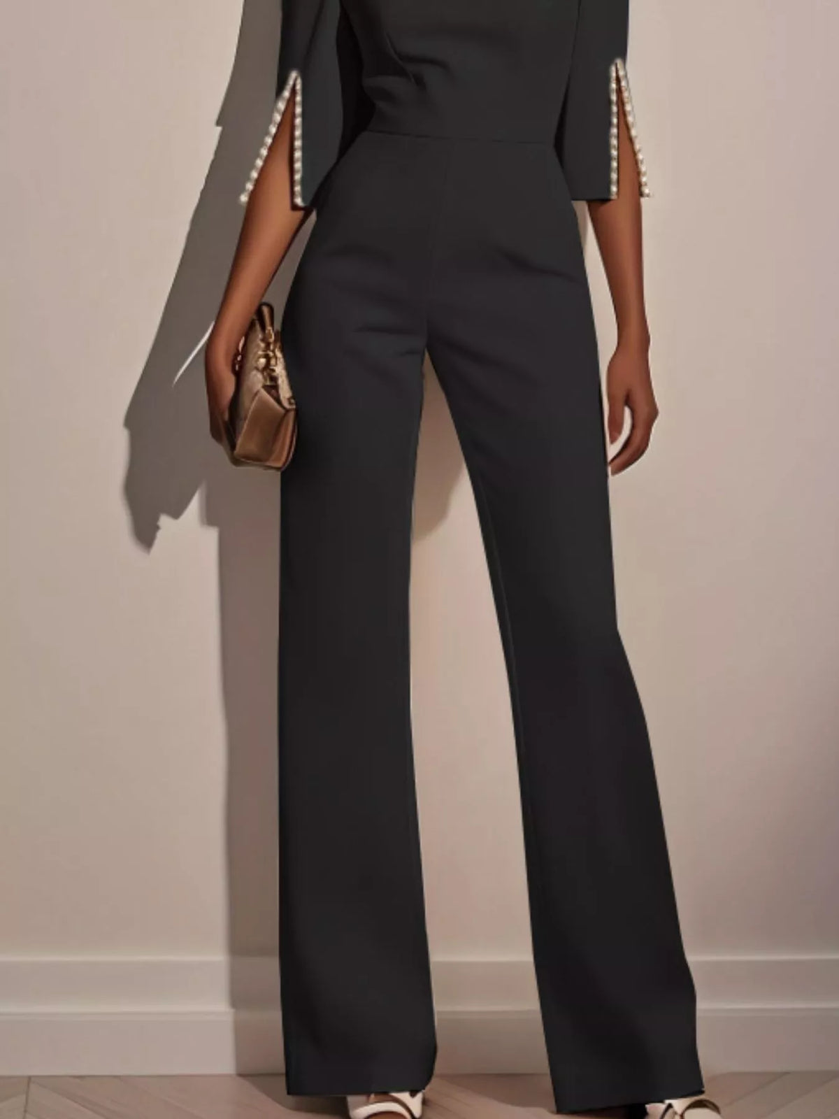 Wide-Leg Jumpsuit with Slit Sleeve showcased in dark fabric, featuring stylish slit sleeves and a flattering fit.