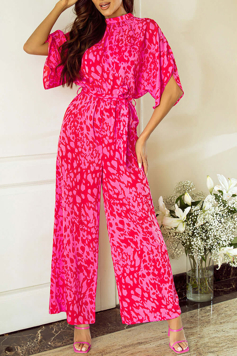 Rose Leopard Loose Sleeve Belted Wide Leg Jumpsuit Bottoms/Jumpsuits & Rompers Luxurious Weddings