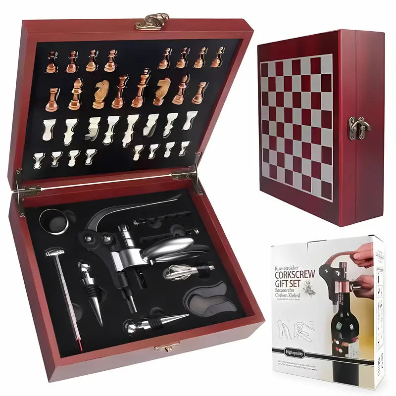Chessboard wine tool set in a mahogany box, featuring essential pieces for elegant wine service.