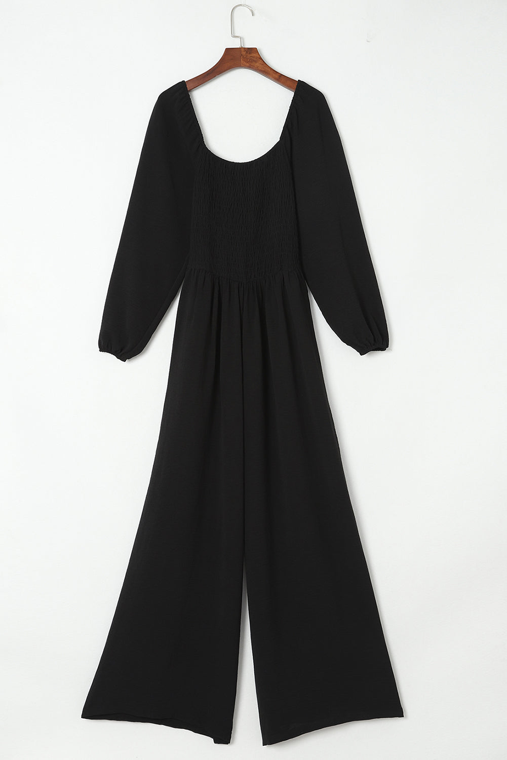 Black Smocked Square Neck Long Sleeve Wide Leg Jumpsuit Luxurious Weddings