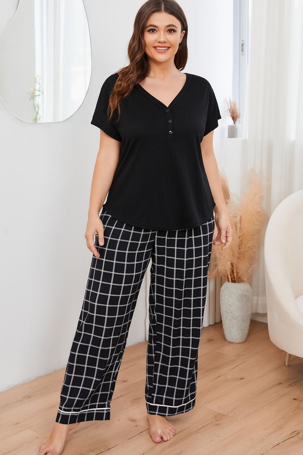 Plus Size V-Neck Top and Plaid Pants Lounge Set Plus size sleepwear Luxurious Weddings