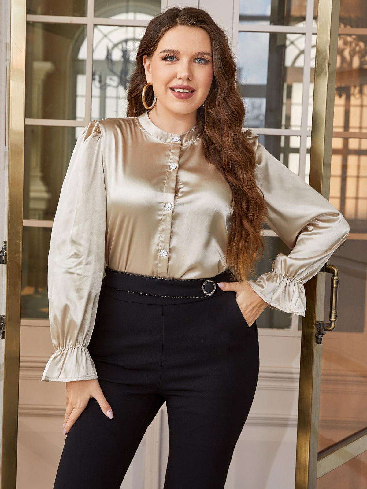 Plus Size Flounce Sleeve Band Collar Shirt Plus size shirt Luxurious Weddings