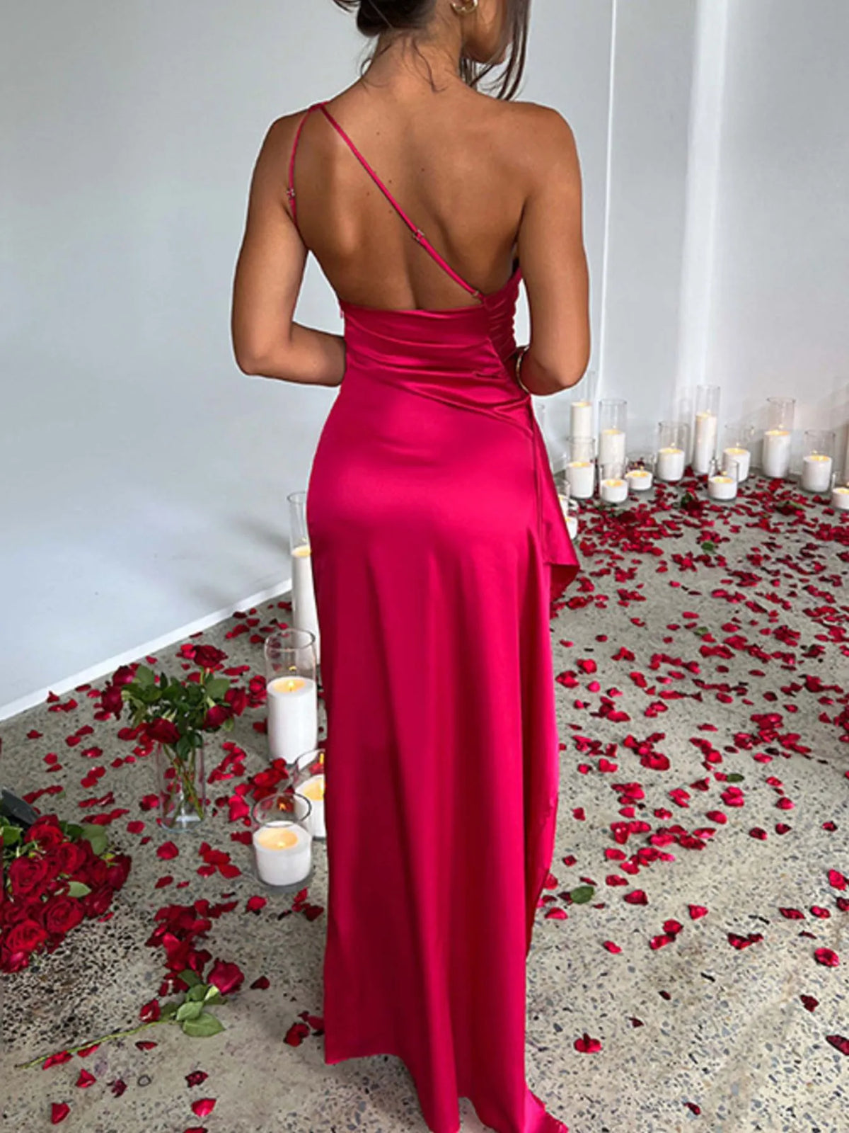 One Shoulder Satin Dress with High Slit formal dresses Luxurious Weddings
