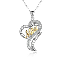 a heart shaped necklace with the words mom in two tone gold and silver