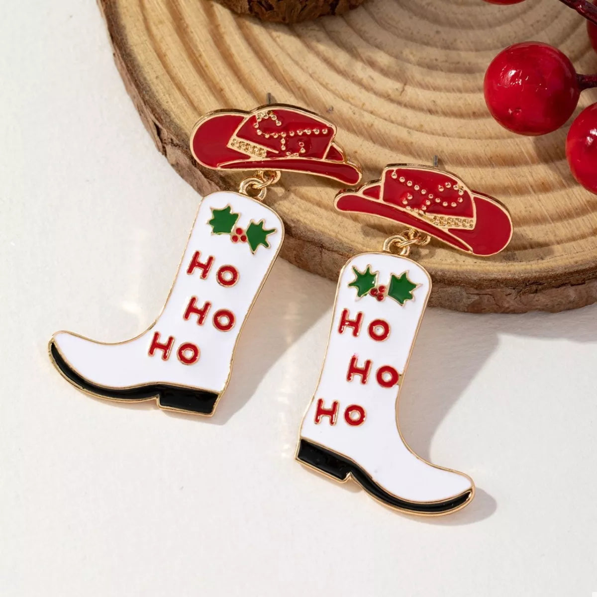 Christmas Cowboy Hat and Boot Dangle Earrings featuring festive 'HO HO HO' design.