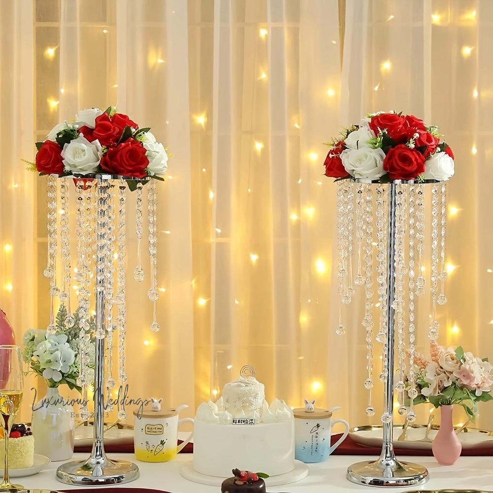 Flower Centerpieces for Wedding Tables - Elegant Metal Vases with Chandelier Crystal Beads - Luxurious Weddings