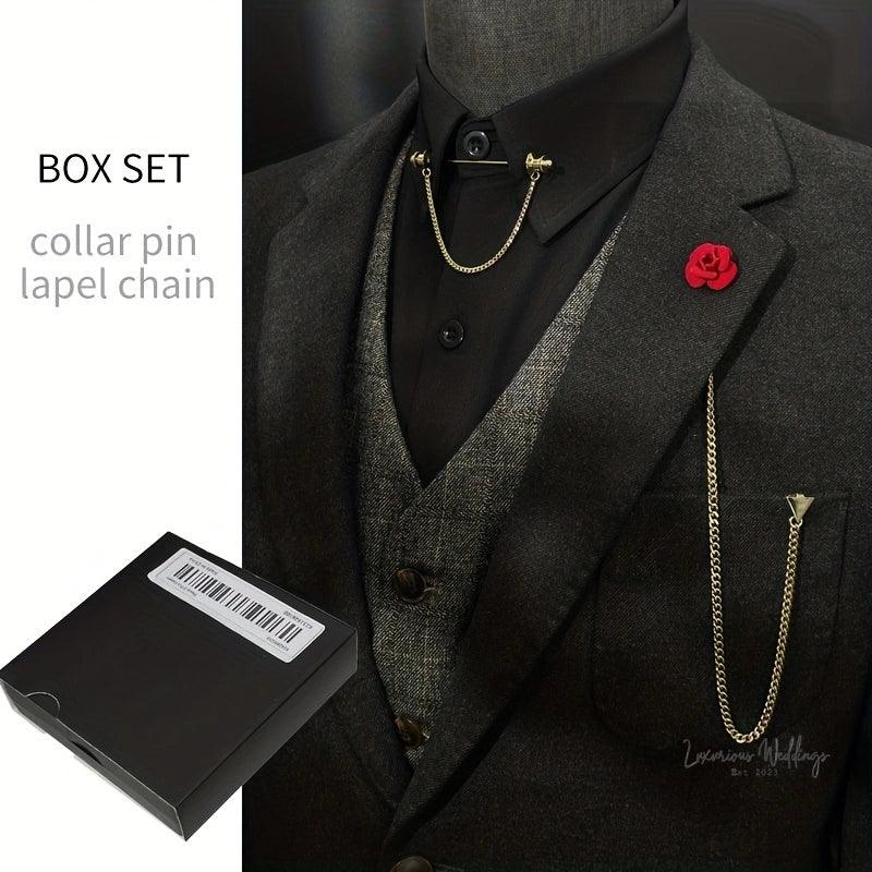 Gold Plated Collar Pin Set for Weddings and Special Occasions - Includes Lapel Chain Luxurious Weddings