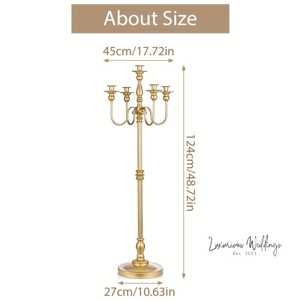 Golden Wedding Candelabra - 127cm Tall, 5 Arm Metal Candle Holder Luxurious Weddings