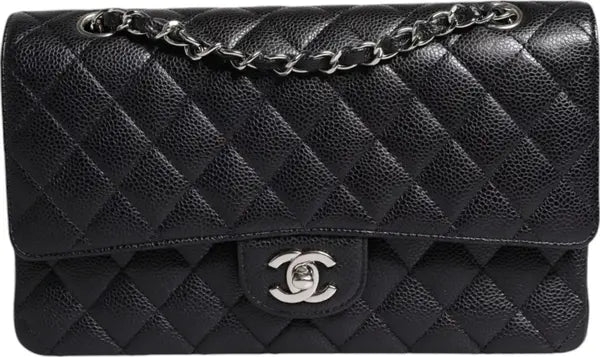 Chanel Black Caviar Medium Classic Double Flap Shoulder Quilted Silver Bag