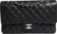 Chanel Black Caviar Medium Classic Double Flap Shoulder Quilted Silver Bag