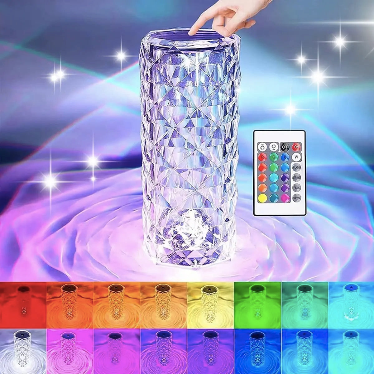 a hand is touching a crystal vase with a remote control