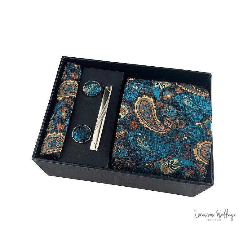 Men's Paisley Tie Gift Set - 5 Pc with Cufflinks & Scarf - Luxurious Weddings