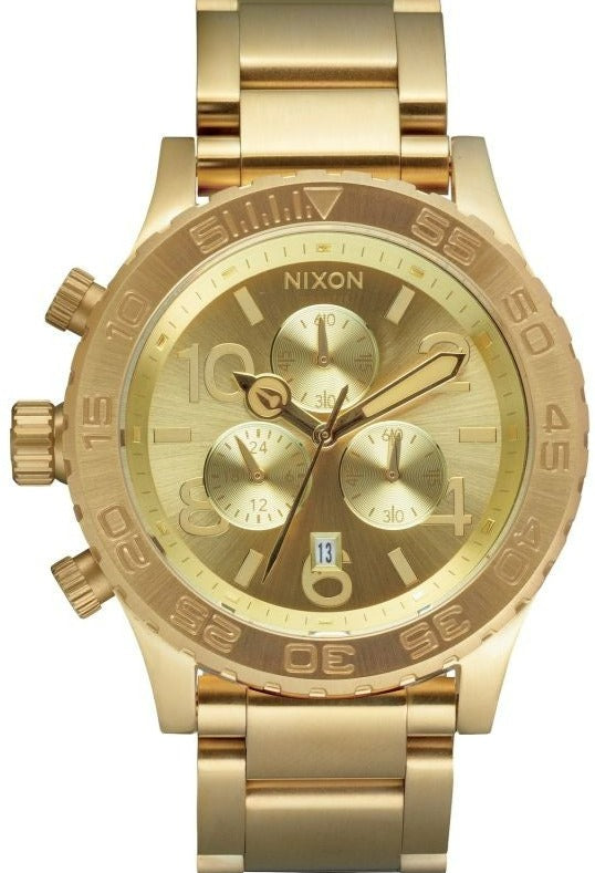 Nixon 42-20 Chrono Champagne Dial Gold Tone Men's Watch A037-502 showcasing its elegant design and gold-tone finish.