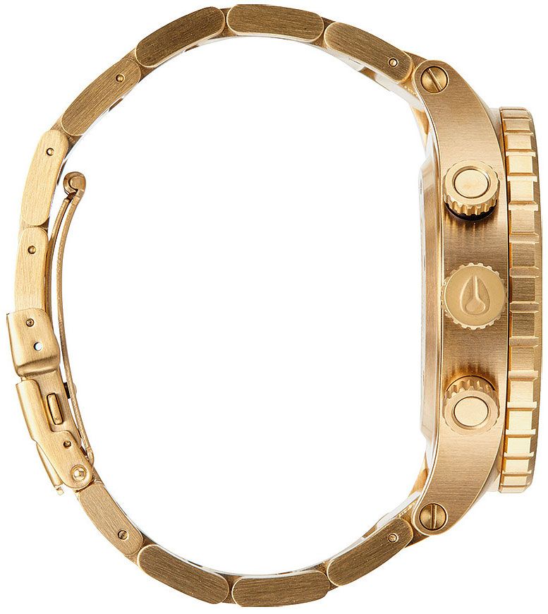 Nixon 48-20 Chrono Blue Dial Gold PVD Men's Watch A486-1922 side view showcasing the gold PVD case and strap.