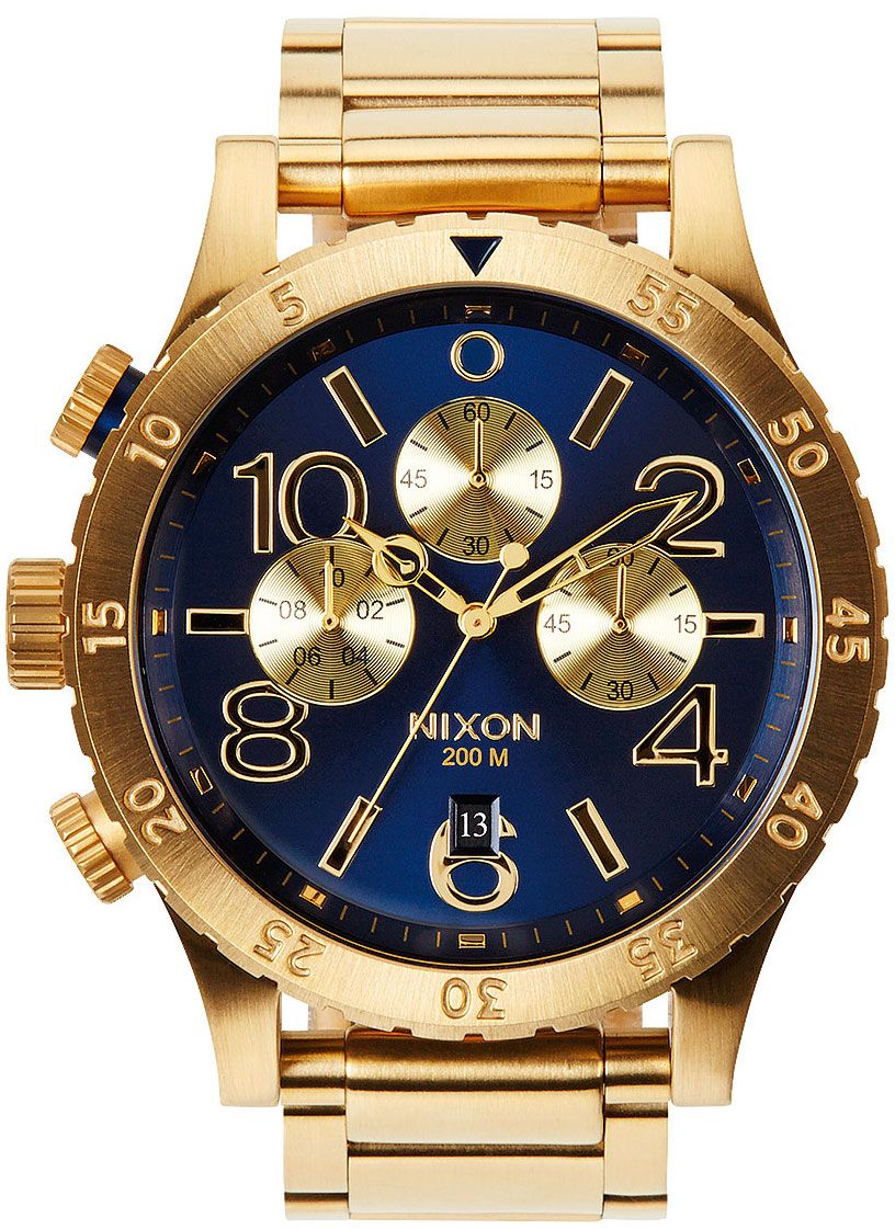 Nixon 48-20 Chrono Blue Dial Gold PVD Men's Watch A486-1922 showcased with a luxurious gold band.