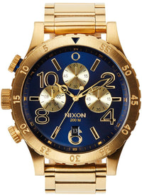 Nixon 48-20 Chrono Blue Dial Gold PVD Men's Watch A486-1922 showcased with a luxurious gold band.