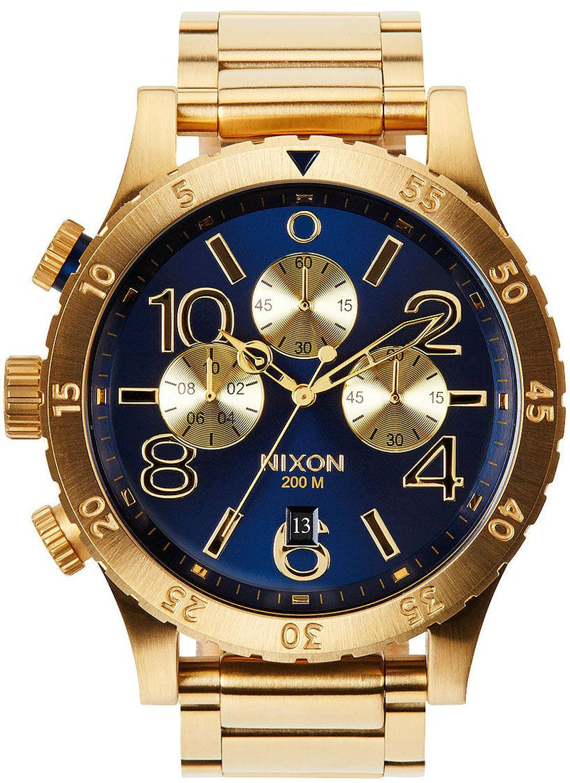 Nixon 48-20 Chrono Blue Dial Gold PVD Men's Watch A486-1922 showcased with a luxurious gold band.