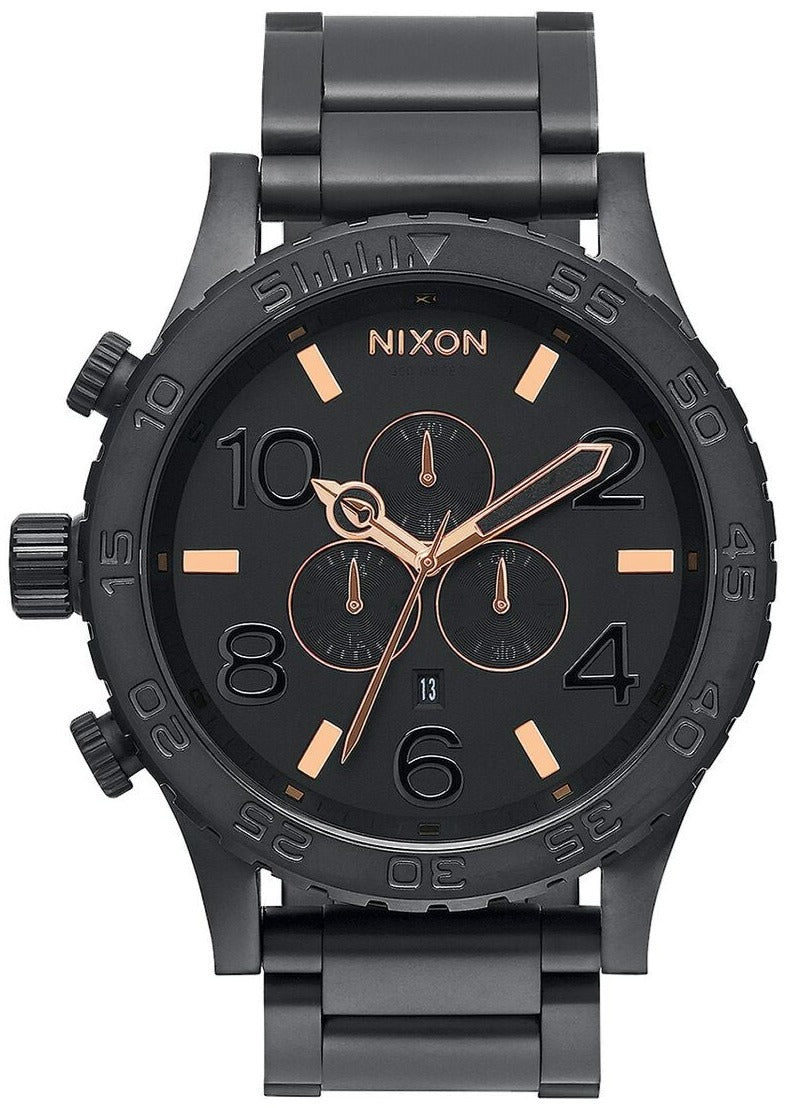 Nixon 51-30 Black Stainless Steel Chrono Men's Watch A083-957 with black dial and gold accents.