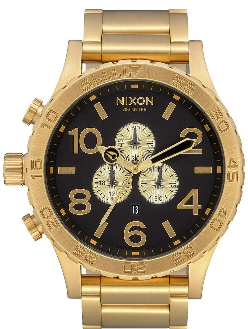 Nixon 51-30 Chrono Gold & Black Men's Watch A083-510 on a gold bracelet, featuring a black dial and counter subdials.