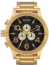 Nixon 51-30 Chrono Gold & Black Men's Watch A083-510 on a gold bracelet, featuring a black dial and counter subdials.