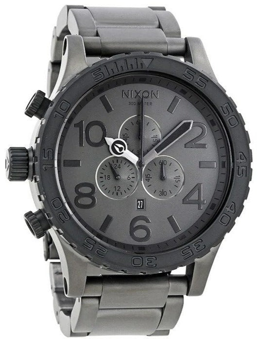 Nixon 51-30 Chronograph Gunmetal Dial Men's Watch A083-1062 on a gray background, showcasing its sleek design and functionality.