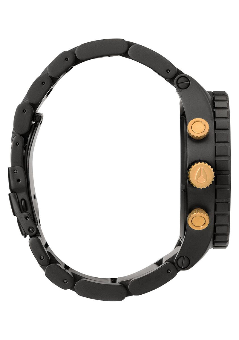 Nixon 51-30 Chronograph Matte Black & Gold Men's Watch A083-1041 side view with gold buttons.