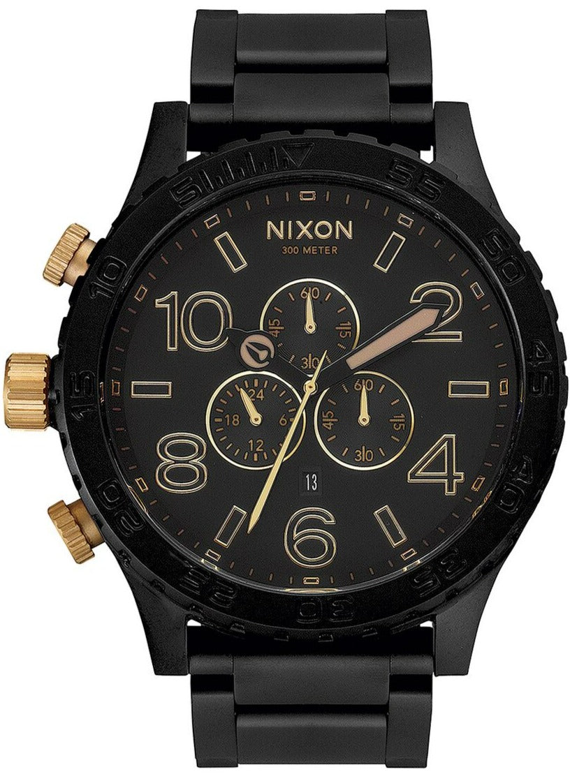 Nixon 51-30 Chronograph Matte Black & Gold Men's Watch A083-1041 on a black strap with gold accents.
