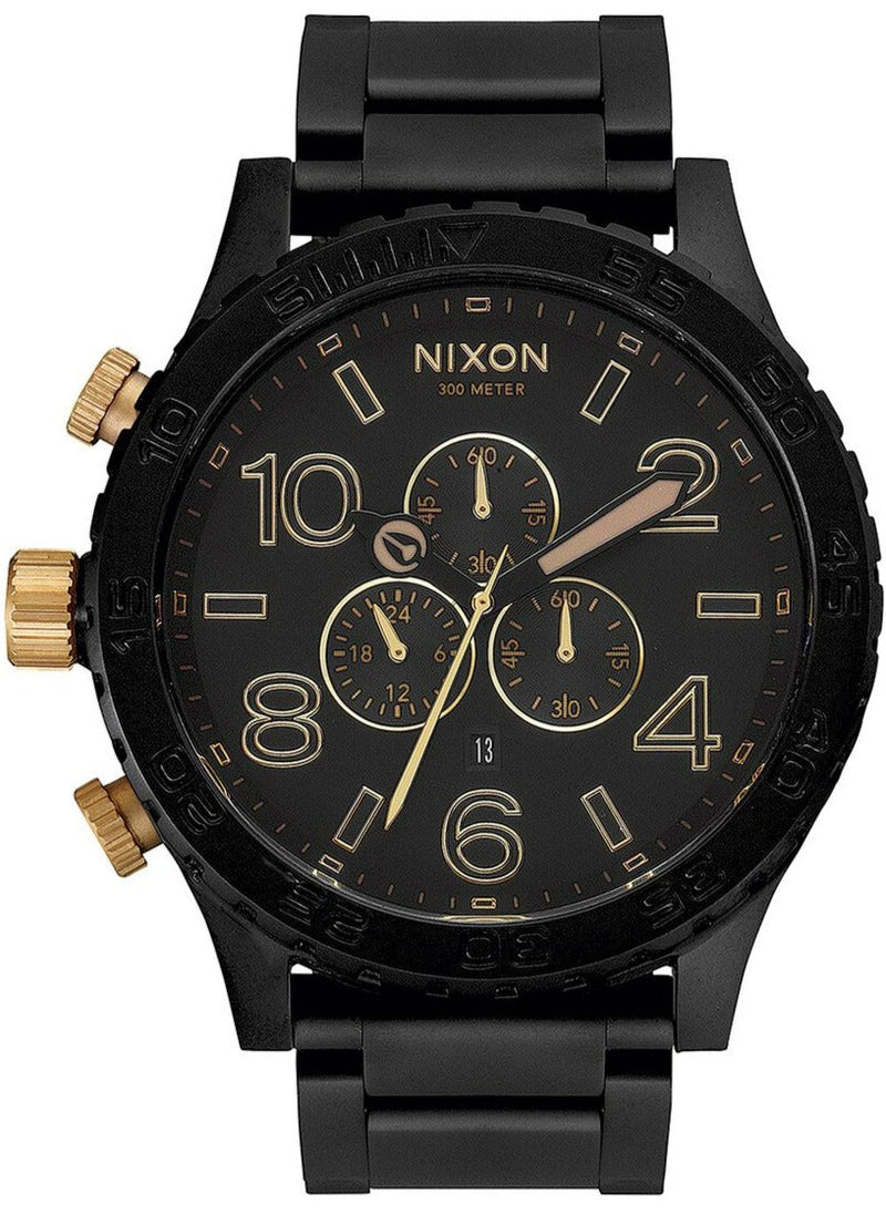 Nixon 51-30 Chronograph Matte Black & Gold Men's Watch A083-1041 on a black strap with gold accents.