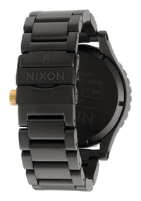 Nixon 51-30 Chronograph Matte Black & Gold Men's Watch A083-1041 side view showcasing the black bracelet and case.