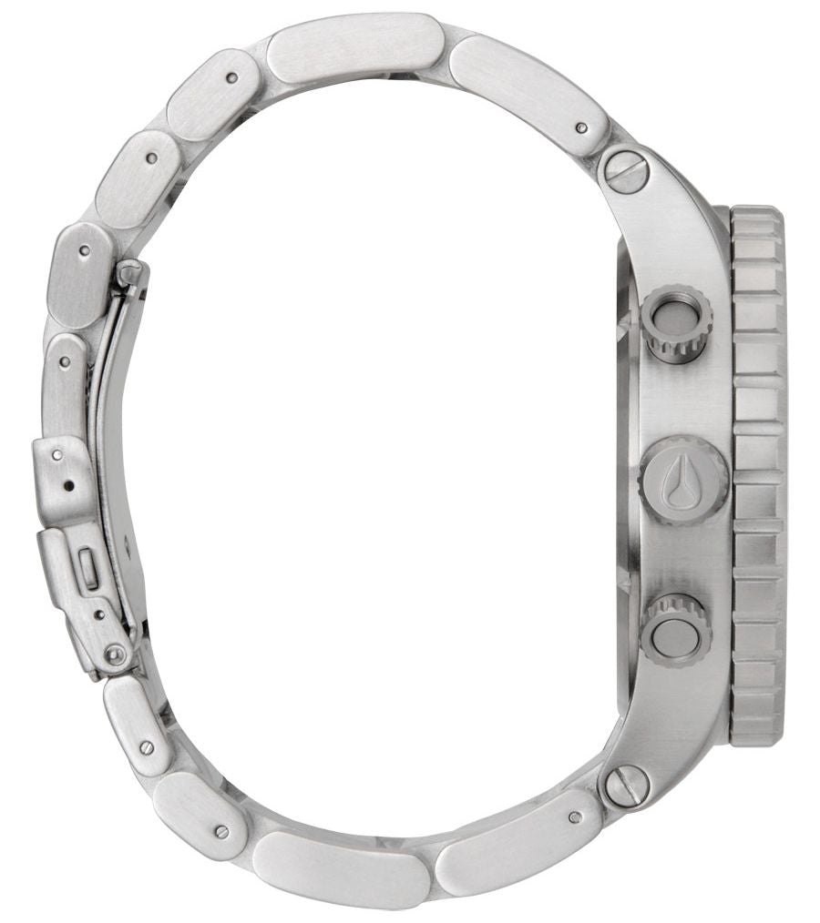 Nixon 51-30 Navy Blue Dial Silver Men's Watch A083-307 side view showing stainless steel band and crown.