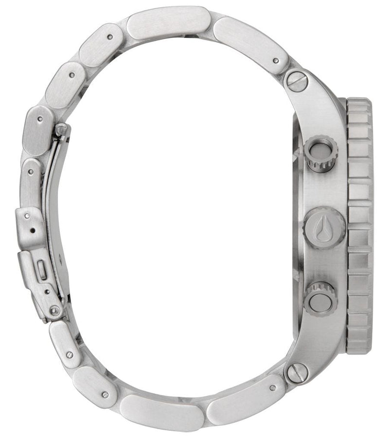 Nixon 51-30 Navy Blue Dial Silver Men's Watch A083-307 side view showing stainless steel band and crown.