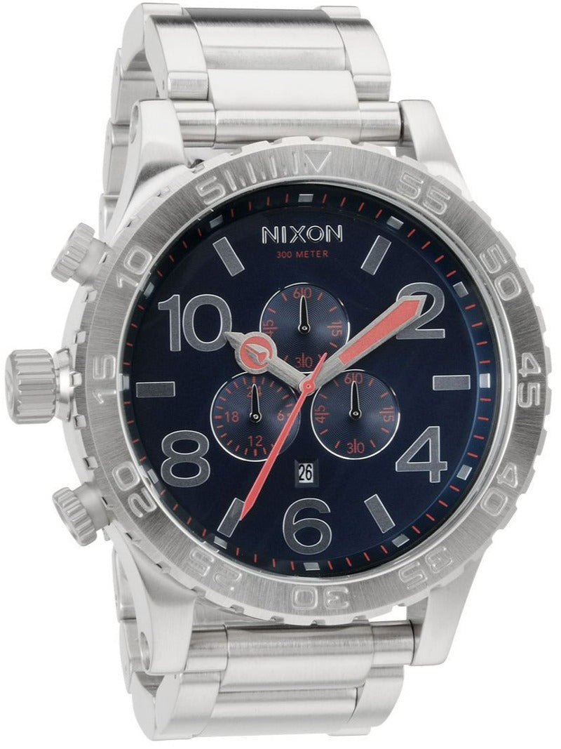 Nixon 51-30 Navy Blue Dial Silver Men's Watch A083-307 with stainless steel band and chronograph features
