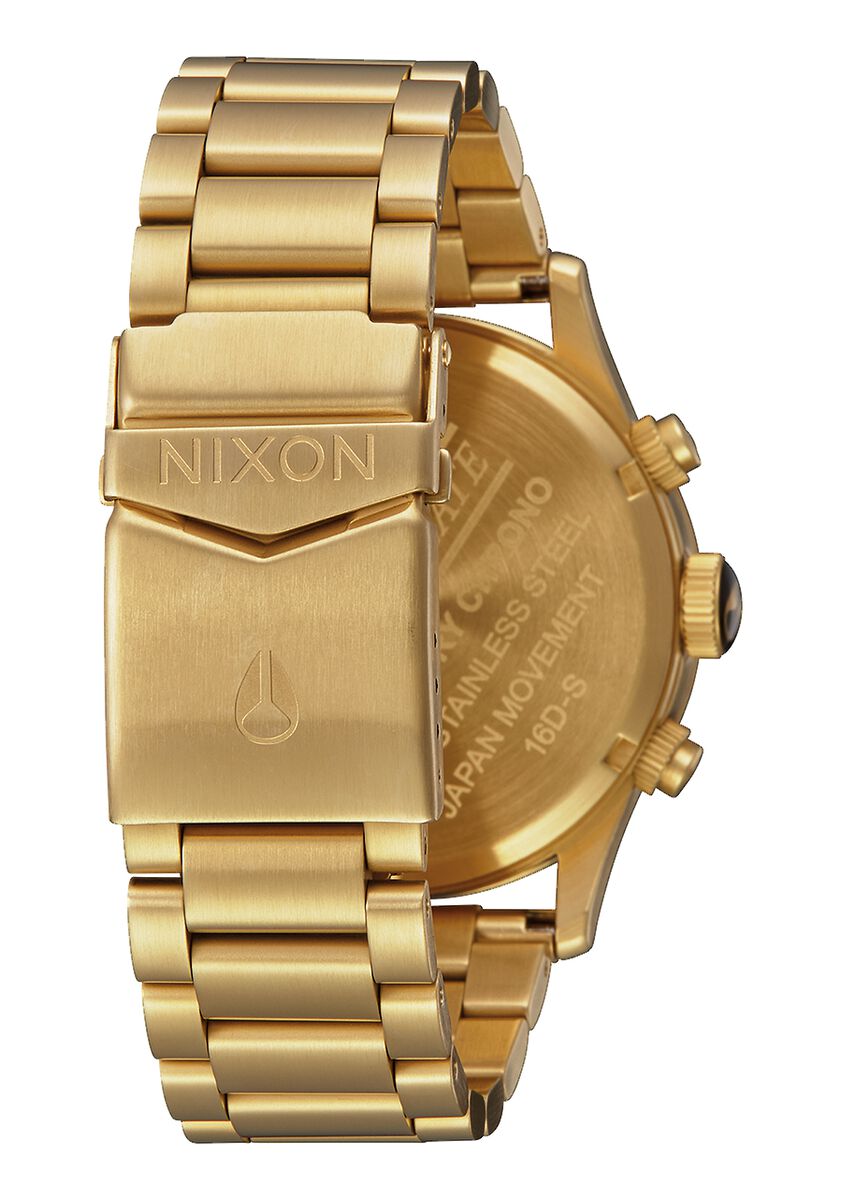 Nixon Sentry Chrono All Gold & Black Men's Watch A386-510 showcasing the detailed gold stainless steel strap and watch back.