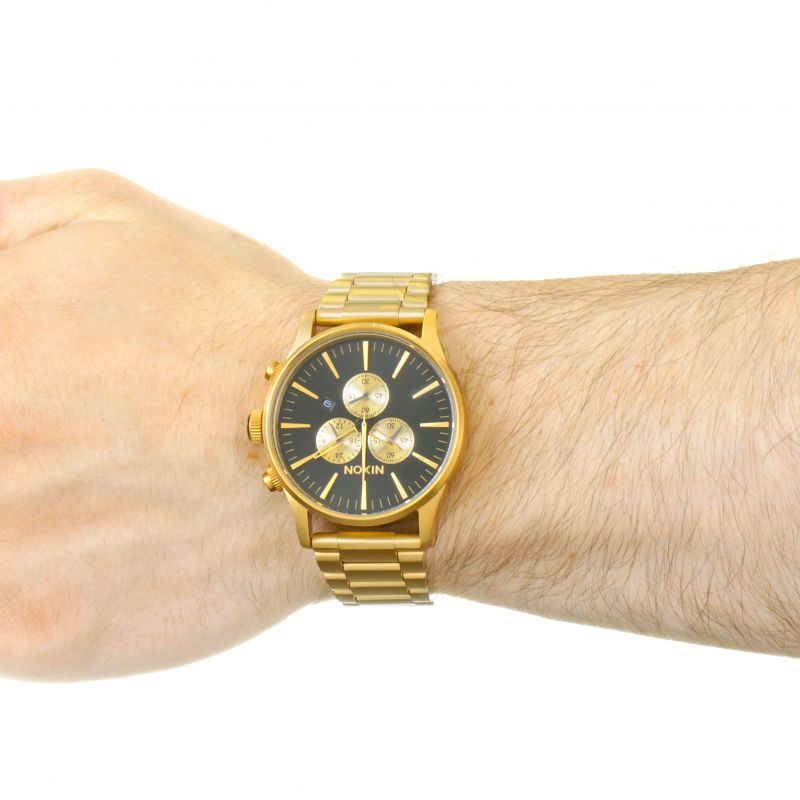 Nixon Sentry Chrono All Gold & Black Men's Watch A386-510 worn on wrist.