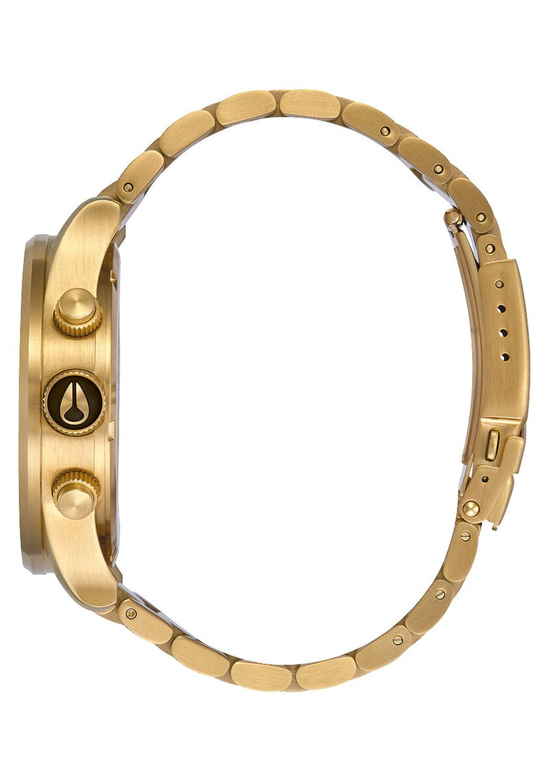 Nixon Sentry Chrono All Gold & Black Men's Watch A386-510 side view showcasing gold bracelet and detailed face.