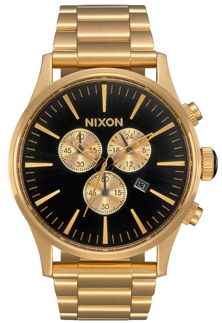 Nixon Sentry Chrono All Gold & Black Men's Watch A386-510 with black dial and gold-tone bracelet.