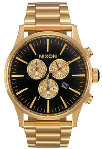 Nixon Sentry Chrono All Gold & Black Men's Watch A386-510 with black dial and gold-tone bracelet.