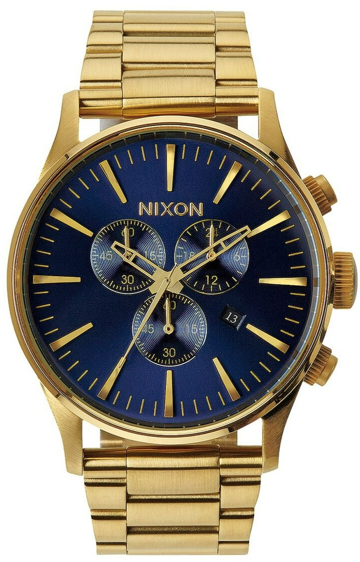 Nixon Sentry Chronograph Blue Sunray Dial Men's Watch A386-1922, featuring a blue dial and gold bracelet.