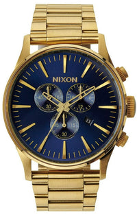 Nixon Sentry Chronograph Blue Sunray Dial Men's Watch A386-1922, featuring a blue dial and gold bracelet.