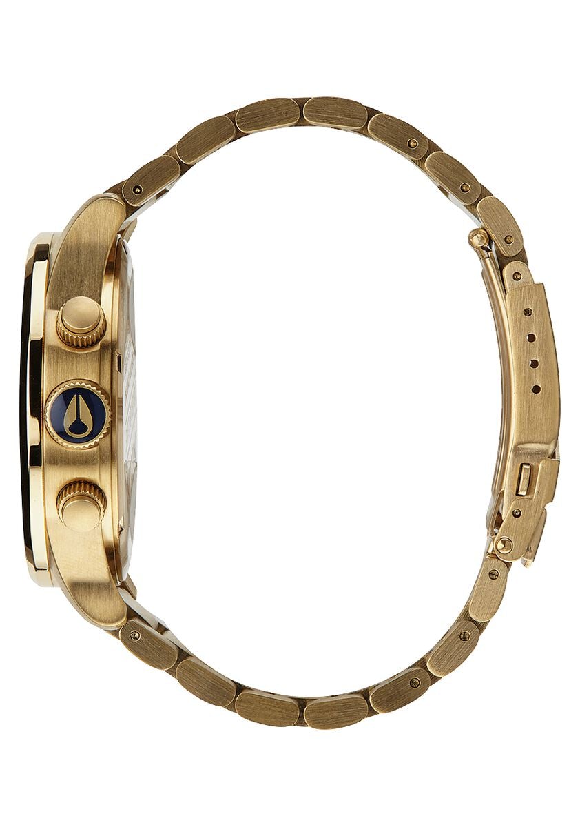 Nixon Sentry Chronograph Blue Sunray Dial Men's Watch A386-1922 side view showcasing gold tone bracelet and case.