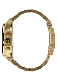 Nixon Sentry Chronograph Blue Sunray Dial Men's Watch A386-1922 side view showcasing gold tone bracelet and case.
