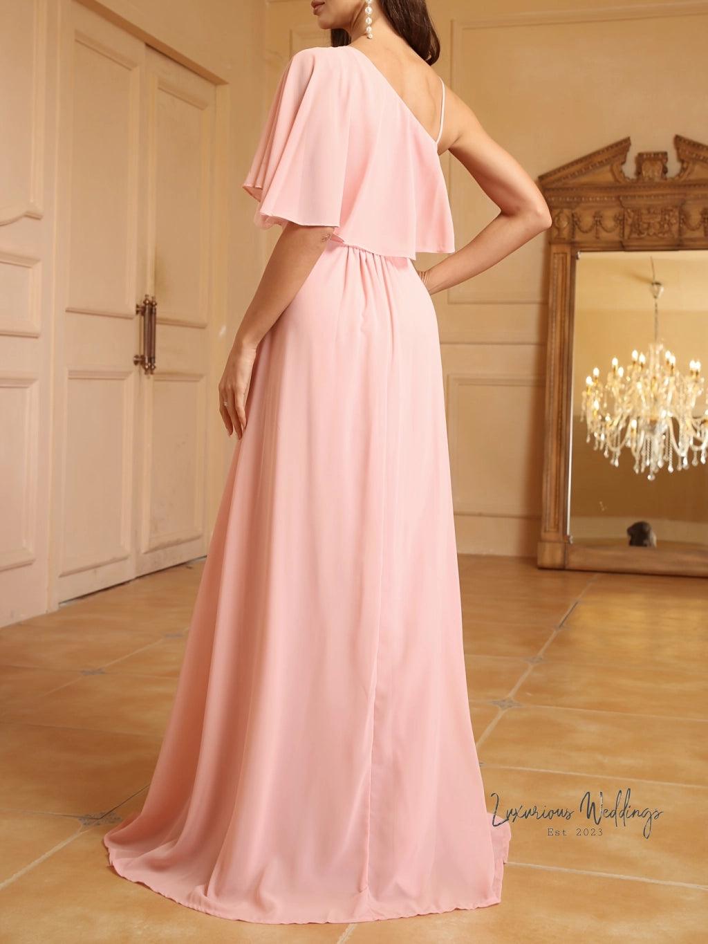 One Shoulder Maxi Dress - Elegant Chiffon - Luxurious Weddings