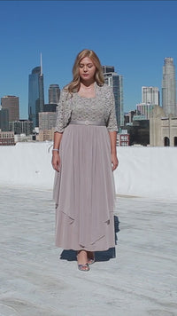 Plus size mother of the bride dress with sequin bodice and lace jacket, elegant and flattering in Champagne color.